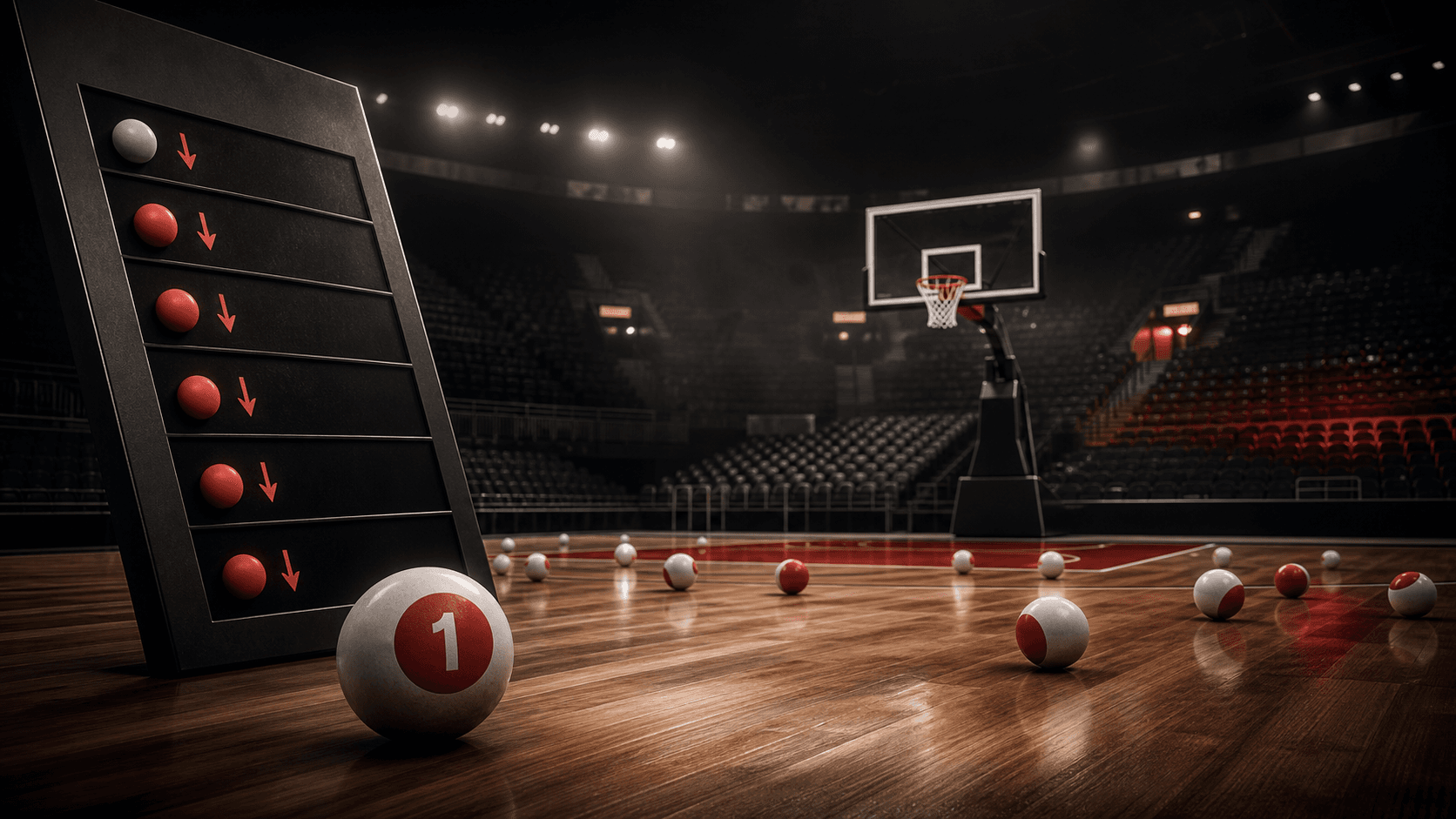 An empty basketball arena with a descending standings board and draft lottery balls on the court.